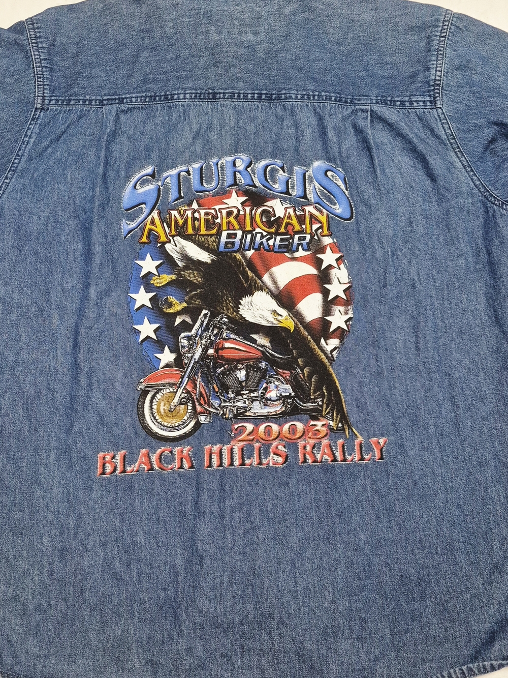 Vintage Merrill&Forbes Sturgis American Biker 2003 Black Hills Rally Denim Shirt